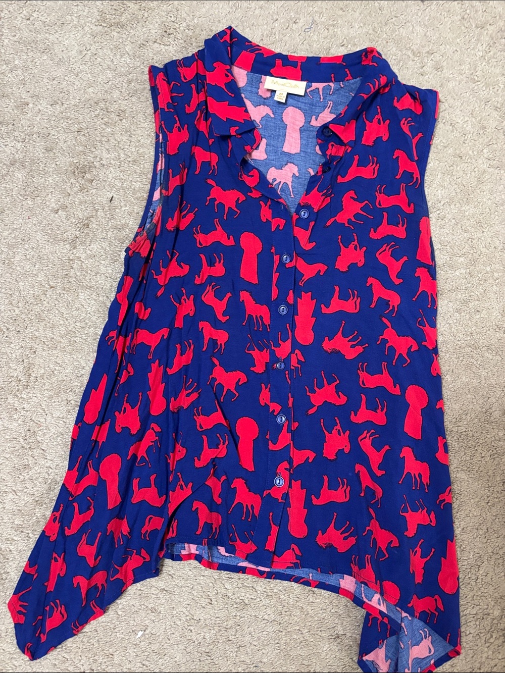 Sleeveless Navy Blue Button Front Top with Red horse Print
